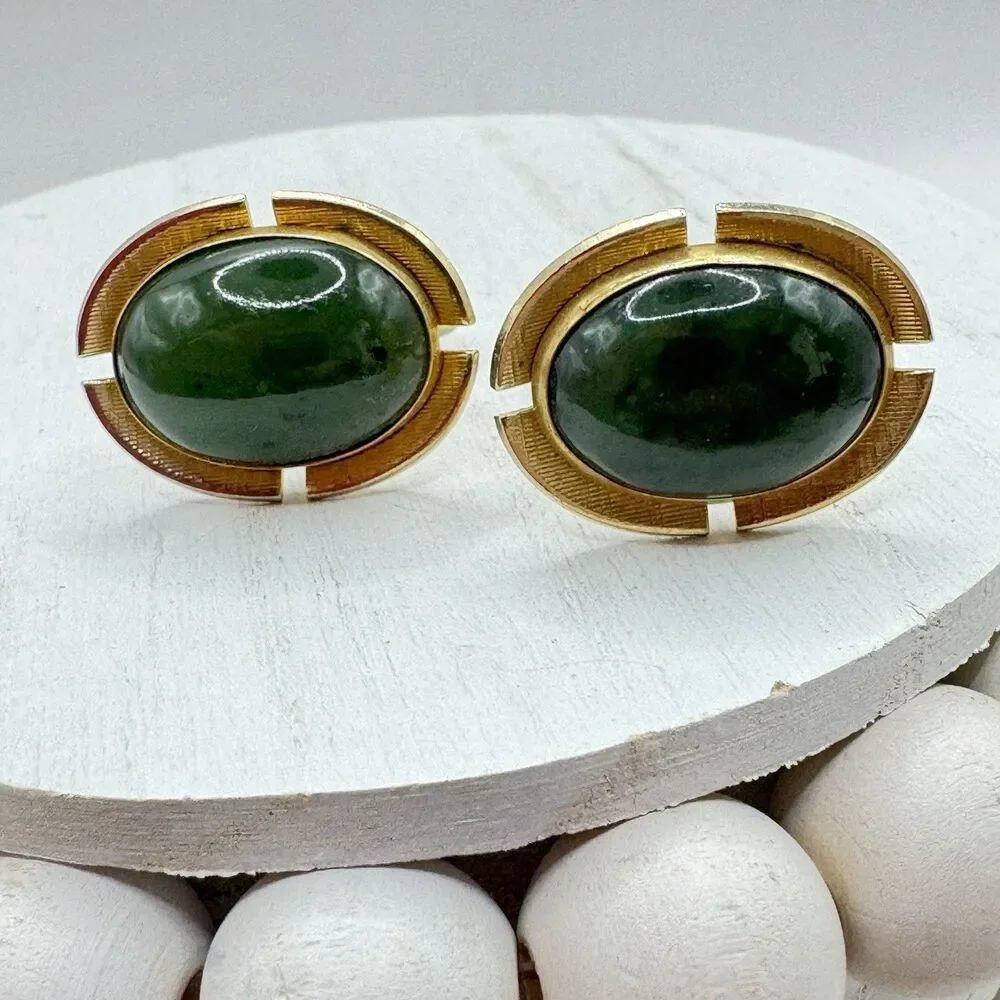 Anson Vtg MCM Green Faux Jade Cabochon Oval Gold wedding Cufflinks Mid Century